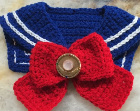 Sailor Moon Collar and front bow Crochet Sailor Moon, Moon Crochet, Crochet Collar Pattern, Crochet Baby Costumes, Crochet Costumes, Crochet Pet, Crochet Collar, Crochet Fashion Patterns, Crochet Things