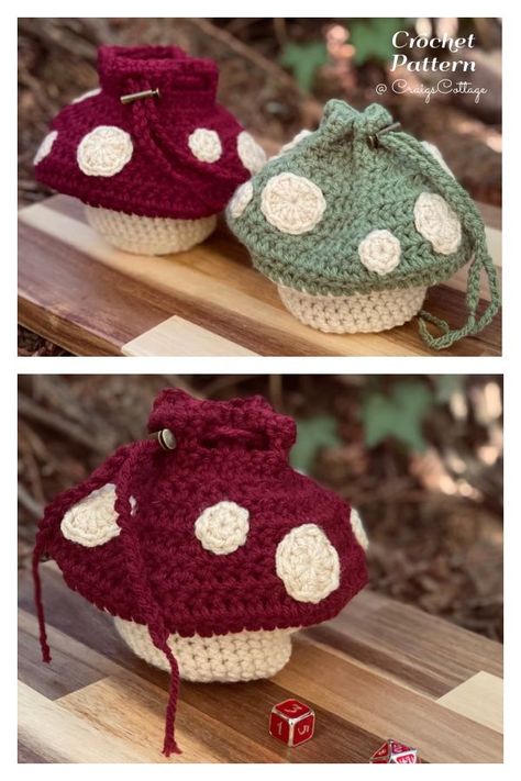 Big & Small Mushroom Dice Bags Crochet Patterns Crocheted Purses, Confection Au Crochet, Crochet Mushroom, Crochet Pouch, Fun Crochet Projects, Crochet Design, Diy Crochet Projects, Bag Crochet, Crochet Bag Pattern