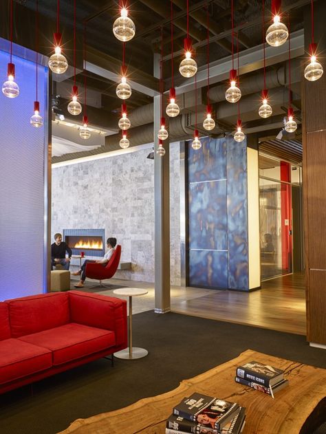 Netflix Office, Sculptural Lighting, Rough Hewn Wood, Upholstered Banquette, Human Scale, Office Ceiling, Collaborative Workspace, Ceiling Texture, Wood Slat Wall