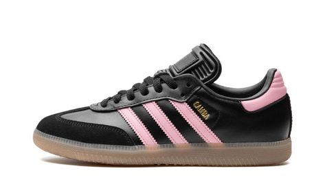 The adidas Samba OG “Inter Miami - Black” is a colorway of the popular retro shoe inspired by the Major League Soccer team.  Also said to be inspired by Inter Miami’s star player, football (soccer) legend Lionel Messi, the “Inter Miami” features the colors of the Miami-based team on its design.  The upper has a black leather construction with pink leather Three Stripes branding.  A gold “Samba” logo appears on the lateral side of the mid-panel, while detailing inspired by Inter Miami is located Adidas Shoes Samba, Inter Miami Cf, Spaghetti Strap Bodycon Dress, Inter Miami, Adidas Samba Og, Plus Size Bodycon Dresses, Nike Shox, Retro Shoes, Boho Floral Dress