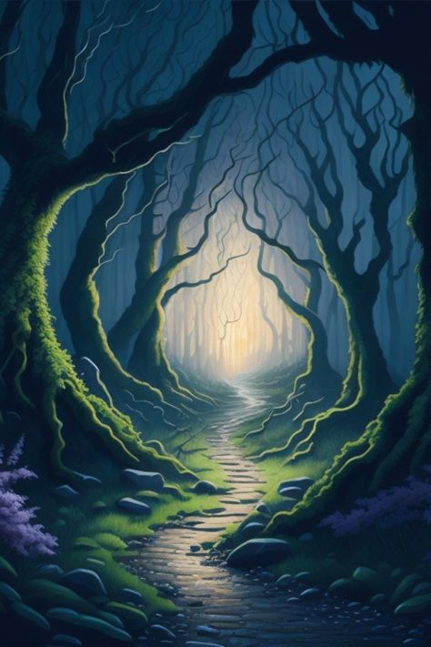 Woods Illustration Forests, Mystical Painting Ideas, Forest Path Illustration, Fantasy Path, Enchanted Forest Illustration, Forest Path Painting, Mystical Watercolor, Path Illustration, Lofi Beats