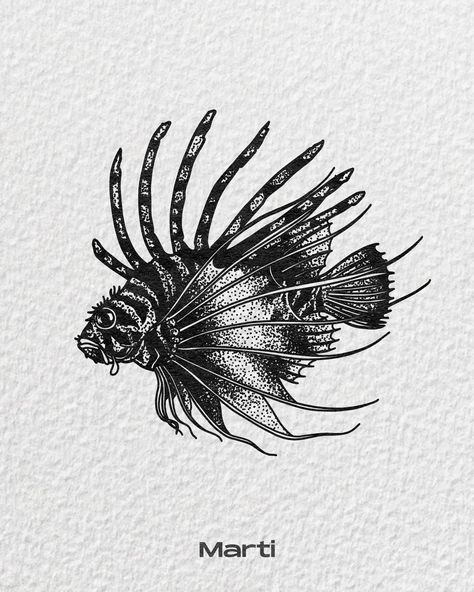 Lionfish Illustration, Saltwater Fish Tattoo, Lionfish Drawing, Lion Fish Tattoo, Lionfish Tattoo, Stippling Tattoo, Tattoo Fish, Tattoo Catalog, Copic Drawings