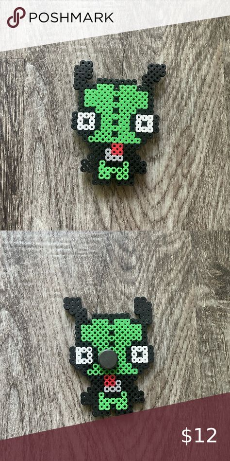 Invader Zim  Cartoon Network magnet handmade perler beads Invader Zim Perler Bead Patterns, Invader Zim Perler Beads, Cartoon Perler Beads, Perler Earrings, Bead Templates, Beads Perler, Kandi Inspo, Diy Kandi, Hamma Beads