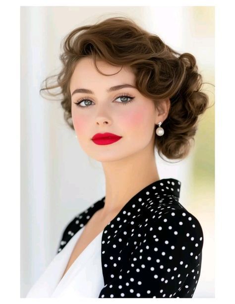 Vintage Hollywood Updo, Classic Makeup Looks, Vintage Makeup Looks, 40s Hairstyles, 50s Hairstyles, Red Dress Makeup, Curly Wedding Hair, Hairdo Wedding, Bride Makeup