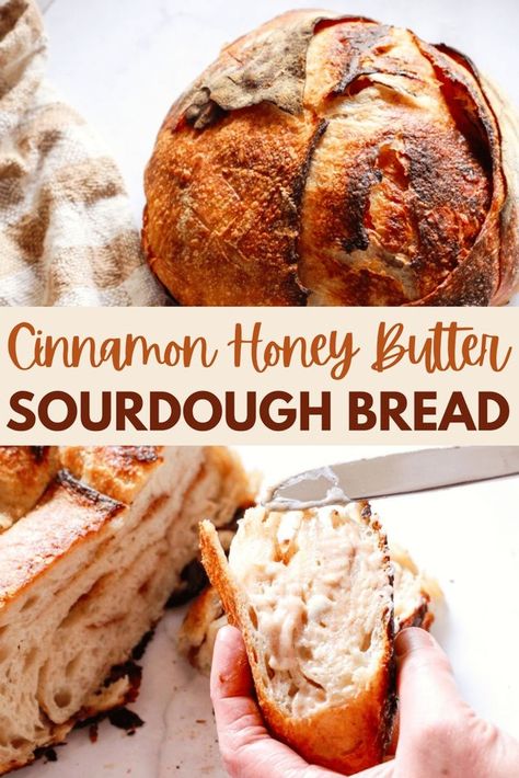 Make the sourdough bread of your dreams with this cinnamon honey butter sourdough bread recipe. This easy-to-follow recipe is sweet and buttery. It uses a sourdough starter and provides a flexible schedule for baking the perfect artisan bread. With a rich blend of homemade honey butter and cinnamon, this dutch oven bread will become a family favorite. Follow our steps for a delicious homemade bread. Artisan Sourdough Bread Recipe, Easy Sourdough Bread Recipe, Recipe Using Sourdough Starter, Cinnamon Honey Butter, Sourdough Starter Discard Recipe, Cinnamon Honey, Homemade Sourdough Bread, Bread Starter, Artisan Bread Recipes