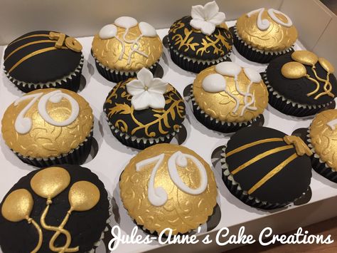 Black & Gold (with a touch of white) 70th Birthday Cupcakes By Jules-Anne's Cake Creations Black And Gold Cupcakes For Men, 60th Birthday Cupcakes For Men, 70th Birthday Cupcakes For Men, 30 Birthday Cupcakes, 50th Birthday Cupcakes For Men, 70th Birthday Cupcakes, Birthday Cupcakes For Men, Black And Gold Cupcakes Birthdays, Black And Gold Cupcakes