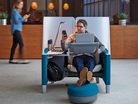 Brody Research, from Steelcase, is a one-person pod with an adjustable chair, a titling work surface, a footrest, and a privacy screen that encircles the person within. Office Pods, Office Plan, Adjustable Chairs, Office Solutions, Furniture Market, Open Office, Library Design, Private Office, Lounge Seating