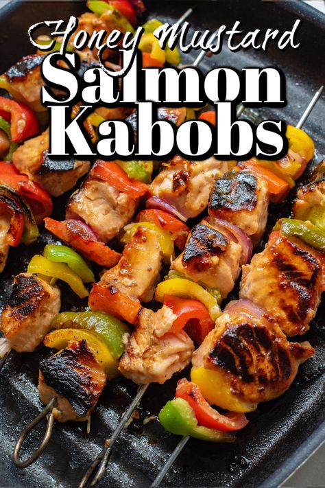 Salmon Kabobs On The Grill, Bbq Dinner Recipes, Paleo Honey Mustard, Grilled Salmon Kabobs, Salmon Kabobs, Pasta Salad Salmon, Salmon Skewers, Bbq Seafood, Honey Mustard Salmon