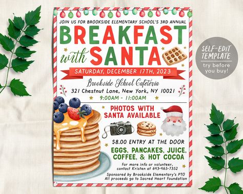 Santa Breakfast Ideas, School Breakfast With Santa Ideas, Brunch With Santa, Breakfast With Santa Fundraiser, Kids Christmas Brunch, Breakfast With Santa Ideas Events, Breakfast With Santa Ideas, Christmas Breakfast Party, Pancakes With Santa