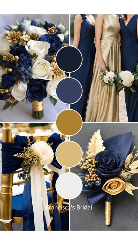 Golden Wedding Color Schemes, Blue And Gold Palette Colour Schemes, Royal Blue And Beige Wedding, Gold Theme Wedding Color Schemes, Wedding Ideas Navy Blue And Gold, Navy Blue And Gold Palette, Blue Wedding Theme Spring, Navy Blue Color Palette Wedding, Starry Night Wedding Bouquet