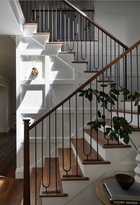 Beadboard Vs Tongue And Groove, White Spindle Staircase, Stairway Interior Design, Staircase Shapes, Artistic Staircase, Brass Banister, Transitional Stairs, Modern Spindles, Reling Design