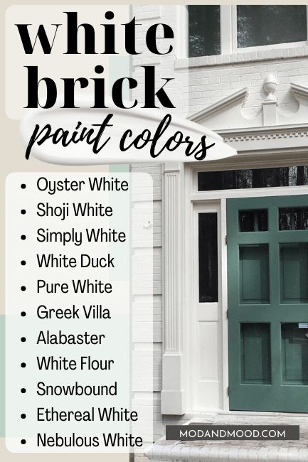 Alabaster Exterior House Paint, Brick Paint Colors Exterior, Painted Brick Color Schemes, French Exterior Paint Colors, Soft White Exterior Paint House Colors, White Brick Paint Colors, Exterior House Colors White Trim, White Brick House With Shutters, White Brick Colors