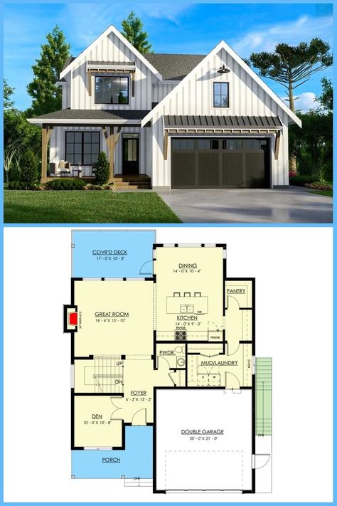 Discover the perfect blend of modern luxury and farmhouse charm in this 4-bedroom 2-story home, complete with a den oasis. Explore the floor plan now! Little House Plans, Farmhouse Floor Plans, Two Story House Plans, 2 Bedroom House Plans, 4 Bedroom House Plans, Garage House Plans, Floor Plan 4 Bedroom, Simple House Plans, Small Farmhouse