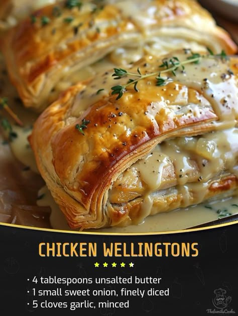 Chicken Wellington Puff Pastries, Chicken Wellington Recipe, Chicken Wellington, Hanukkah Ideas, Chicken Base, Dips And Spreads, Puff Pastry Sheets, Fresh Broccoli, Family Cookbook