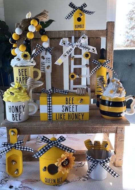 Bright bee decor to accent your beautiful home 💛��🖤 Wording is vinyl. Measurement are throughout the pictures. Any questions, ask 🐝 Bee Brunch, Bee Furniture, Bee Items, Diy Cat Treats, Bee Tiered Tray Decor, Bee Decorations, Bumble Bee Decorations, Bee Hive Craft, Sweet Like Honey