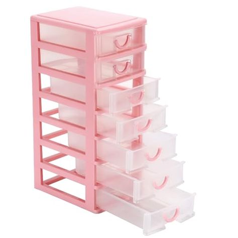 Rempry Mini Plastic Organizer with 7 Clear Drawers, 7.1"x5.1"x13.2" Small Storage Drawers Containers for Desk, Counters, Cabinets, Pink Cute Work Desk, Small Work Desk, White Desk Decor, Pink Desk Accessories, Goth Apartment, Crafting Area, Clear Drawers, Organization Supplies, Organized Desk