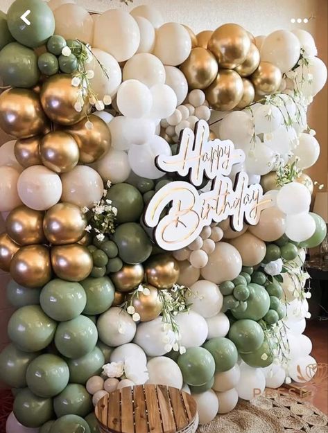 Green Gold White Birthday Decor, Olive Green Theme Birthday Party, Sage Green Wedding Balloon Arch, White Green Gold Birthday Theme, Earth Tones Birthday Party Decor, Green Gold Sweet 16, Green And Beige Birthday Decor, Green Gold White Birthday Party, Green Gold Birthday Party