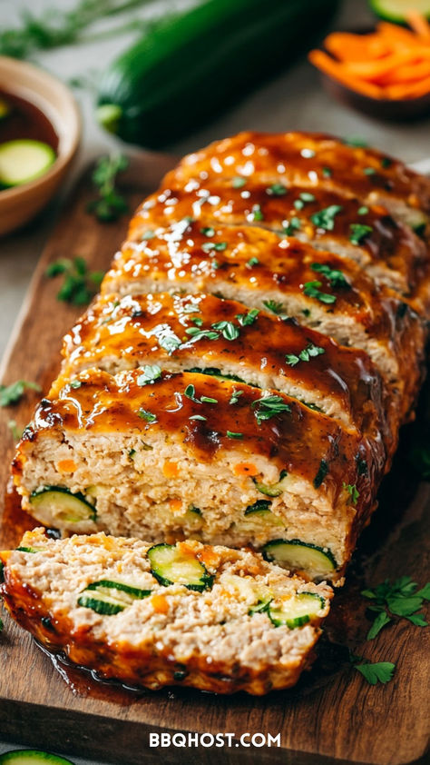 Turkey Meatloaf with Zucchini is a healthy twist on a classic! Packed with zucchini, carrots, and flavorful seasonings, it’s topped with a tangy glaze. Save this for later and click through for more recipes! Zucchini Turkey Meatloaf, Turkey Meatloaf With Zucchini, Meatloaf With Zucchini, Keto Turkey Meatloaf, Meatloaf With Stuffing, Best Ever Turkey, Zucchini Meatloaf, Healthy Turkey Meatloaf, Meatloaf Healthy