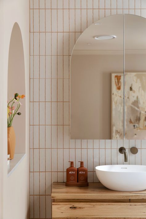 What's new in kitchens & bathrooms: March 2021 - The Interiors Addict Colourful Tiled Bathrooms, Colour Drench Bathroom, Bejmat Tiles Bathroom, Coloured Basin Bathroom, 70s Architecture Bathroom, Toilet Mirror, Textured Concrete, Freestanding Cooker, Retro Farmhouse