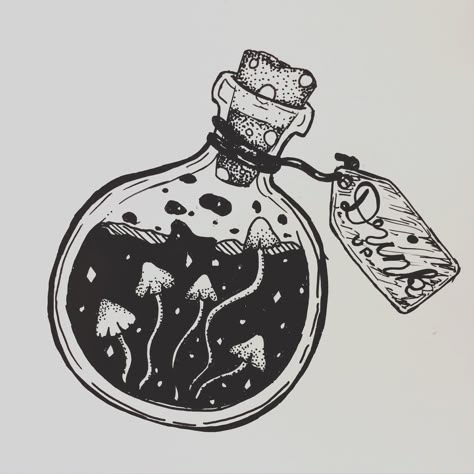 Mushroom Design Drawing, Halloween Mushroom Art, Witch Potion Bottles Drawing, Mushroom Drawing Aesthetic, Trippy Mushroom Tattoo Design, Bottle Art Drawing, Potion Bottles Drawing, Potion Drawing, Mushroom Potion