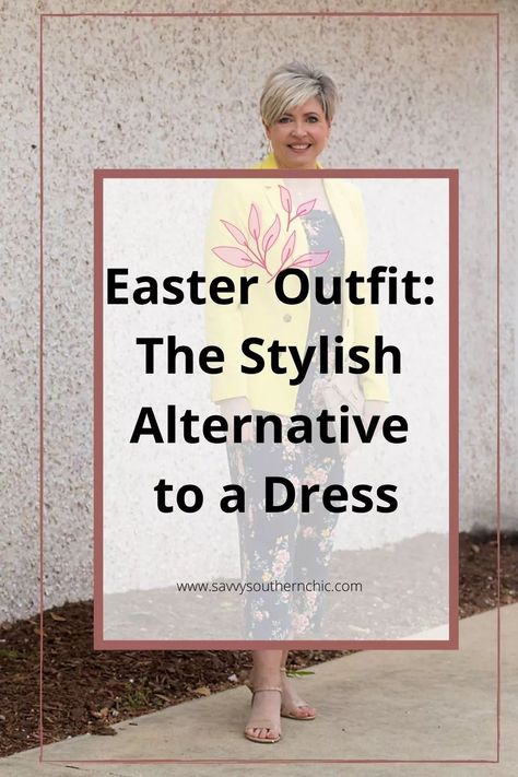 Easter Outfit for women with a floral jumpsuit and blazer. A chic spring outfit to wear in place of a dress. #fashionover40 Chilly Easter Outfit Women, Easter Classy Outfit, Easter Vigil Outfit, Easter Work Outfits For Women, Womens Casual Easter Outfit, Spring Jumpsuits For Women, Winter Easter Outfits For Women, Easter Attire For Women, Curvy Easter Outfits