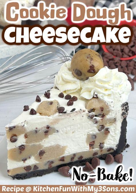 You are going to love this Chocolate Chip Cookie Dough Cheesecake. It starts with a Oreo crust, then a creamy no-bake cheesecake loaded with chocolate chip cookie dough! No Bake Cookie Cheesecake, Cookie Dough Cheesecake Recipes, Cookie Dough Dessert, Cookie Dough Desserts Recipes, Oreo Cookie Dough Cheesecake, No Bake Cookie Cake, No Bake Chocolate Chip Cheesecake, Chocolate No Bake Cheesecake, Chocolate Chip Cheesecake Recipes Easy