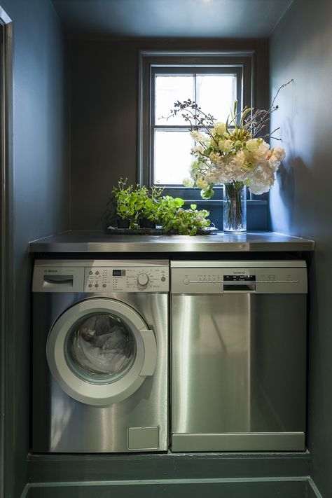 There’s even space for a stylish chrome washing machine and dishwasher in a little alcove by the bathroom Dishwasher In Utility Area, Laundry And Dishwasher Room, Dishwasher And Washing Machine Together, Utility Area In Kitchen, Dishwasher And Washing Machine Kitchen, Washing Machine And Dishwasher Stacked, Dishwasher Space Ideas, Washing Machine Ideas, Washing Machine Area Ideas