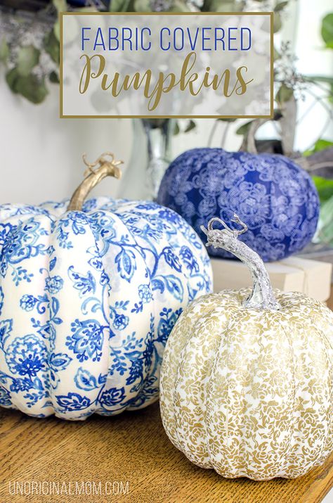 DIY Fabric Covered Pumpkins - unOriginal Mom Pumkin Decoration, Mod Podge Fabric, Neutral Fall Decor, Chic Halloween, Faux Pumpkins, Fall Deco, Pumpkin Fall Decor, Autumn Decorating, Pumpkin Ideas