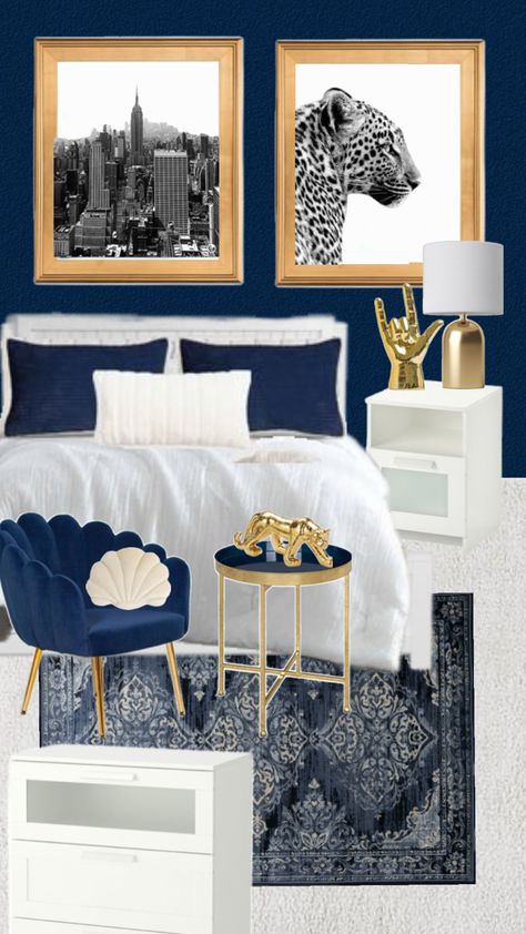 Navy Dorm Room, Black Bedroom Furniture Decor, Navy Room Decor, Blue And Gold Bedroom, Blue Room Decor, White Room Decor, Blue Bedroom Decor, Black Bedroom Furniture, Gold Bedroom