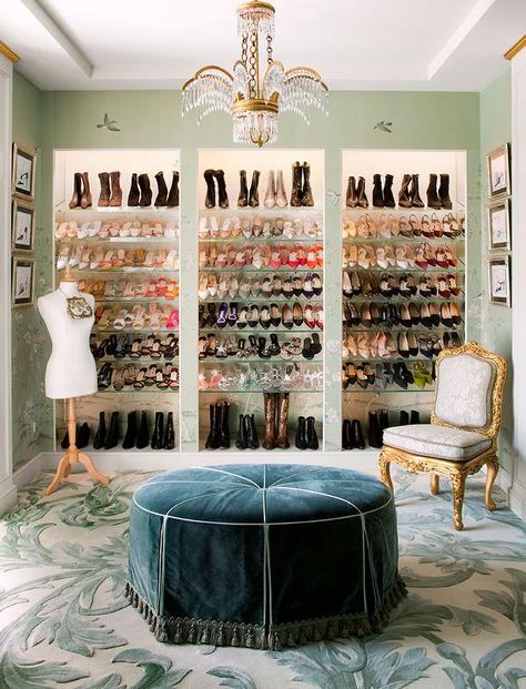 French walk-in closet features a brass and crystal chandelier illuminating a round blue French ottoman with tassel trim. Turn Room Into Walk In Closet, Diy Walk In Closet, Dressing Room Closet, Dream Closet Design, Closet Decor, Dream Closets, Glam Room, Versace Home, Closet Inspiration