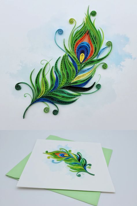 Radha Krishna Quilling Art, Quilled Peacock Feather, Krishna Quilling Art, Flute With Peacock Feather Drawing, Quilling Feather, Quilled Feather, Spiritual Party, Peacock Quilling, Floral Quilling