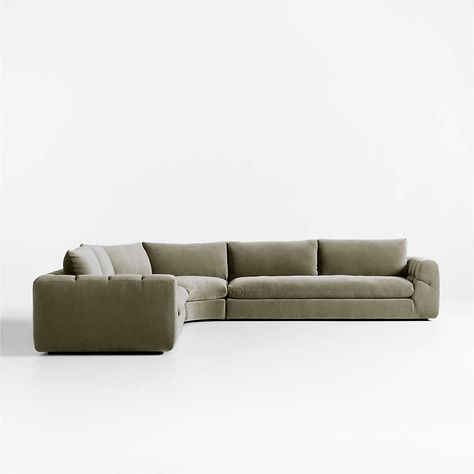 Cambria Green Velvet 3-Piece Wedge Sectional Sofa | Crate and Barrel Low Back Couch, Basement Sectional, Slipcovered Sectional Sofa, L Shaped Sectional Sofa, Sectional Sofa Slipcovers, Fireplace Room, Slipcovered Sectional, Corner Couch, Corner Sectional Sofa