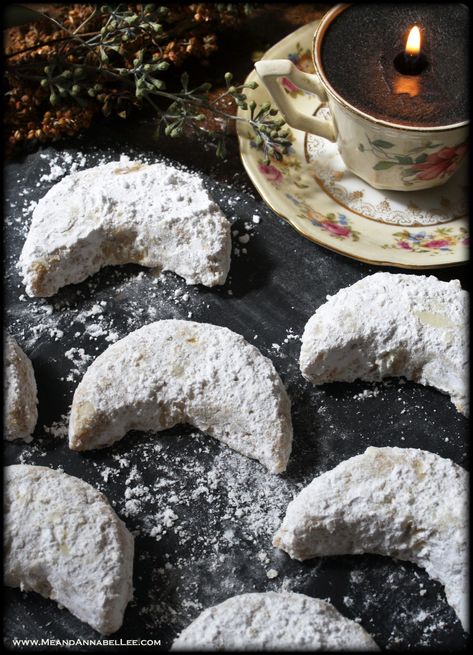 Almond Crescent Moon Cookies | Kitchen Witch | Halloween Treats | Me and Annabel Lee Moon Cookies Recipe, Crescent Moon Cookies, Almond Crescent Cookies Recipes, Almond Crescent Cookies, Bat Cake, Halloween Food Crafts, Crescent Cookies, Moon Cookies, Kitchen Witch Recipes