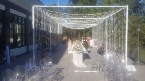 Tunnel of LED Lights - Outdoor Wedding - The Clubhouse of Lake Success Fairy Light Tunnel, Diy Wedding Lighting, Vowel Renewal, String Lighting, Modern Courtyard, Light Tunnel, Twinkly Lights, Reception Look, Outdoor Wedding Reception