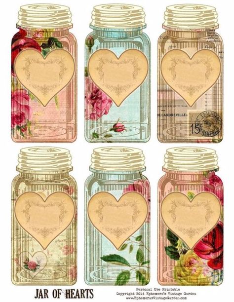 Stary Papier, Jar Of Hearts, Pretty Printables, Hearts And Flowers, Mason Jar Gifts, Jar Labels, Jar Gifts, Printable Tags, Mason Jar Diy