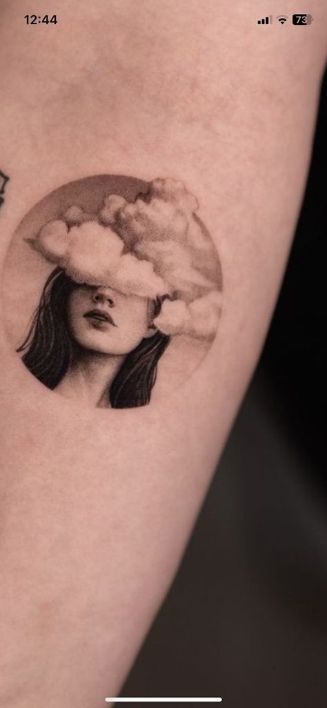 Tattoo To Fill In Sleeve, Realism Clouds Tattoo, Shattered Face Tattoo, Unique Space Tattoos, Cloudy Mind Tattoo, Feminine Realism Tattoo, Blurry Face Tattoo, Fine Line Micro Realism Tattoo, Tattoo Of A Woman Face