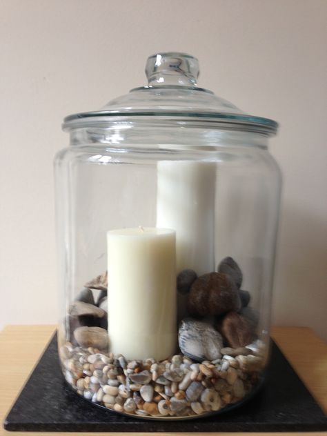 Large Glass Jar with River and Sea Stones. Church Candles. Large Glass Jar Ideas Decor, Glass Jar With Lid Decorating Ideas, Glass Jar Ideas Decor, Large Glass Jar Decorating Ideas, Large Glass Jar Decor, Big Glass Jar Ideas, Large Glass Jar Ideas, Glass Jar Filler Ideas, Decorating With Glass Jars