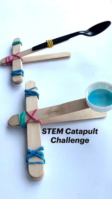 STEM Catapult  Challenge | Toddler learning activities, Stem activities, Science activities for kids Stem Catapult, School Age Activities, Summer Camp Activities, Science Activities For Kids, Homeschool Activities, Toddler Learning Activities, Toddler Fun, Science Experiments Kids, Camping Crafts