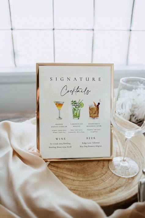 This editable wedding bar sign template features 3 signature cocktails as well as wine and beer sections. Use it for your wedding, reception, or other special events. Edit on your desktop browser, and replace with your cocktails of choice. Cocktail illustrations included. Change colors to better match your party. Save, download, and print from home or at your local print shop! Try the demo below! See Matching Items in the Celine Collection: https://etsy.me/2PqP13h See other Wedding Signs you'll Bar Sign For Wedding Reception, Drink Wedding Sign, Wedding Signs For Reception Bar, Drink Menu Wedding Bar Signs, Signature Cocktails Wedding Sign, Cocktail Reception Wedding, Bar Signage Wedding, Bar Decor Wedding, Bar Sign Wedding