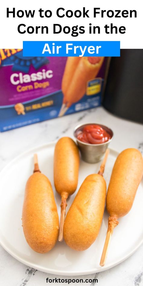 How To Cook The Best Frozen Corndogs in The Air Fryer For Kids! I love using Trader Joe’s Turkey Corn Dogs because they are healthy but you can reheat any frozen corndog in your air fryer very easily for an amazing and quick lunch. Think of a crispy golden brown breading exterior that you will love with every bite. Get these tips and techniques for cooking frozen food in the air fryer. Your kids will thank you. Frozen Hot Dogs In Air Fryer, Air Fryer Corn Dogs Frozen, Air Fry Corn Dogs, Mini Corn Dogs Air Fryer, Cooking Frozen Corn, Air Fryer Corn Dogs, Rice Recipes For Kids, Recipes Kids Can Make, Mini Corn Dogs