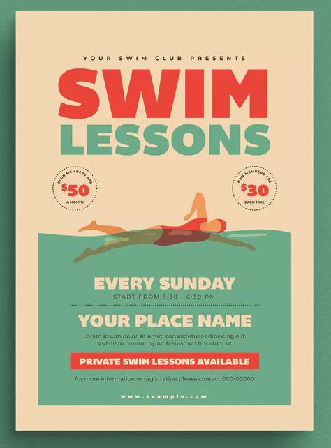 Swim Lessons Flyer Template AI, PSD. Download Swim Design Graphic, Swimming Graphic Design, Poster Swimming, Minimal Logo Design Inspiration, Swimming Posters, Concert Poster Design, Swimming Classes, Creative Design Agency, Music Flyer