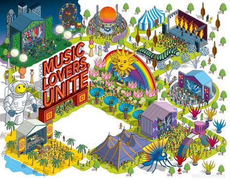 Delta Air Lines’ SKY Magazine commissioned Rod Hunt to illustrate 'Music Lovers Unite', a guide to this summer's music festivals including features on Lollapalooza, Movement Festival, Bonaroo, Ovo Fest, Austin City Limits, Essence Festival, Crash My Player and Moogfest. A vibrant opening spread needed to show the diversity of the different kinds of festivals, while the five spot illustrations focused on more specific details. Festival Map Illustration, Festival Map Design, Festival Illustration Art, Fest Illustration, Music Festival Illustration, Festival Map, Austin City Limits Festival, Oasis Logo, City Festival