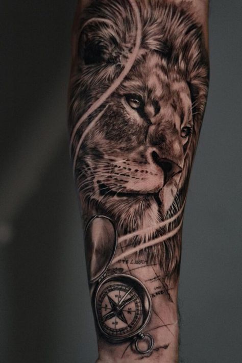 37 Extraordinary Lion Tattoo Designs Lion Compass Tattoo Design, Lion Compass Tattoo, Mandala Lion Tattoo, Reflection Tattoo, Tattoo Bear, Compass Tattoo Men, Black Cat Tattoo, Michael Tattoo, Geometric Lion Tattoo