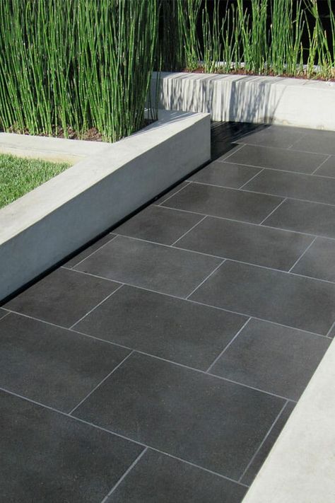 Black Patio Tiles Outdoor Flooring, Charcoal Pavers Outdoor, Outdoor Patio Flooring Ideas Stones, Outside Tiles Outdoor Spaces, Black Pavers Patio, Black Patio Floor, Carport Floor Ideas, Garage Tiles Ideas Outdoor, Outside Tiles Front Porches