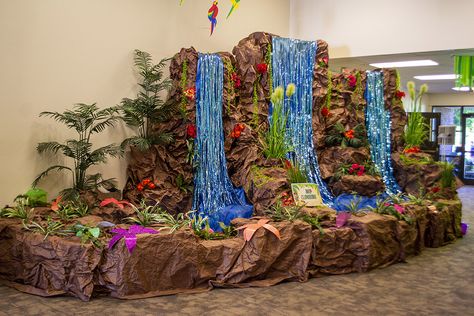 Diy Waterfall Decoration, Mystery Island Vbs, Fake Waterfall, Treasured Vbs, Vbs Jungle, Waterfall Decoration, Hallway Decorations, Mystery Island, Vacation Bible School Themes