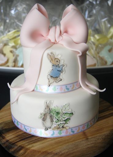 Baby girl cake. Adorbs! Beatrix Potter Cake, Peter Rabbit Cake, Peter Rabbit Party, Fancy Cupcakes, Fantasy Cake, Rabbit Cake, Bunny Baby Shower, Childrens Birthday Cakes