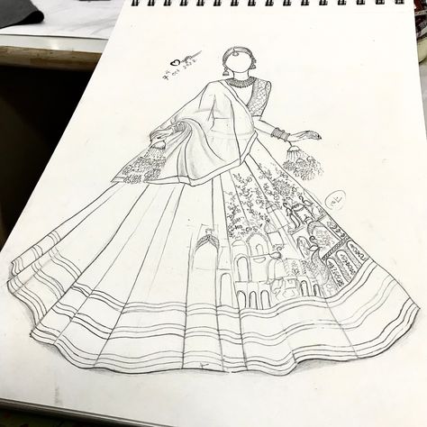 Bride Fashion Illustration Sketch, Lengha Sketch, Lehnga Illustration Sketch, Lehenga Illustration Sketch, Indian Wear Illustration, Dresses Painting, Symmetrical Pictures, Jeans Illustration, Lehenga Illustration