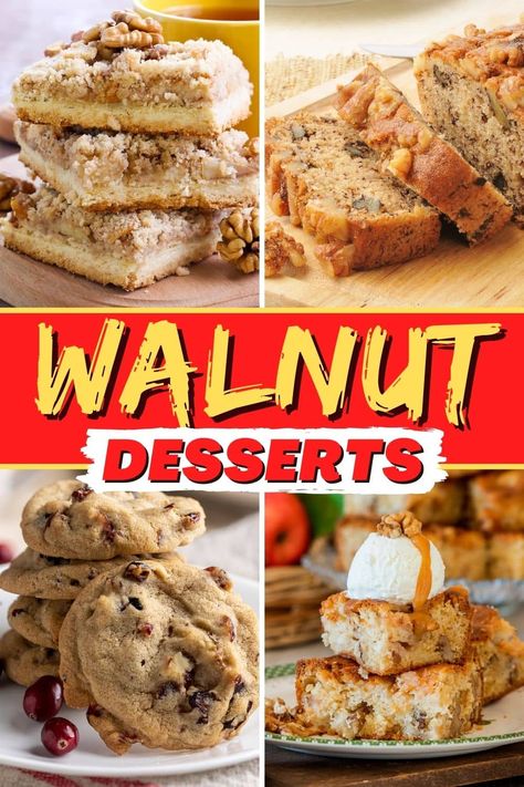 These walnut desserts are full of wonderful nutty flavor. From brownies to cakes to cookies, these treats make walnuts shine. Walnut Baked Goods, Desserts With Walnuts Baking, Walnut Cookies Recipes Easy, Recipes Using Walnuts Baking, Walnut Recipes Dessert Easy, Walnut Bars Recipes, Desserts With Walnuts Recipes, Recipes With Walnuts In It, Recipes With Walnuts Baking