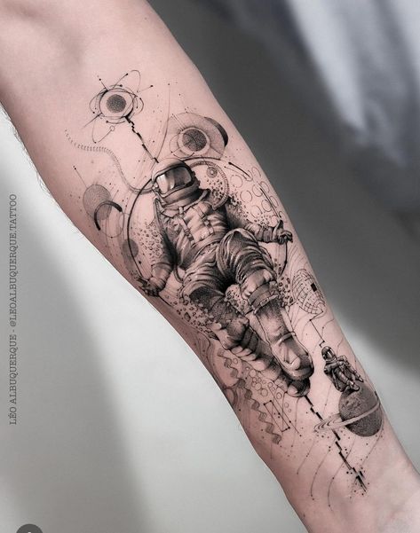 Coyolxauhqui Tattoo, Geometric Space Tattoo, Space Themed Tattoos, Spaceman Tattoo, Tattoo Astronaut, Geometric Universe Tattoo, Rocket Ship Tattoo, Space Tattoo Sleeve, Leg Band Tattoos