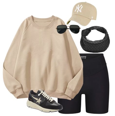 Ny Hat Outfit Summer, La Baseball Cap Outfit, Tan Sweatshirt Outfit, Tan Ny Hat Outfit, Tan Biker Shorts Outfit, Tan Baseball Cap Outfit Women, Tan Baseball Hat Outfit, Tan Hat Outfit Baseball, Beige Baseball Hat Outfit